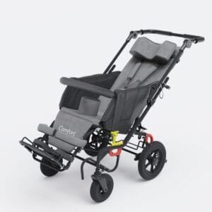 Comfort Trip speciális gyermek és felnőtt kerekesszék szürke-fekete színben, fejtámlával és abdukciós ékkel